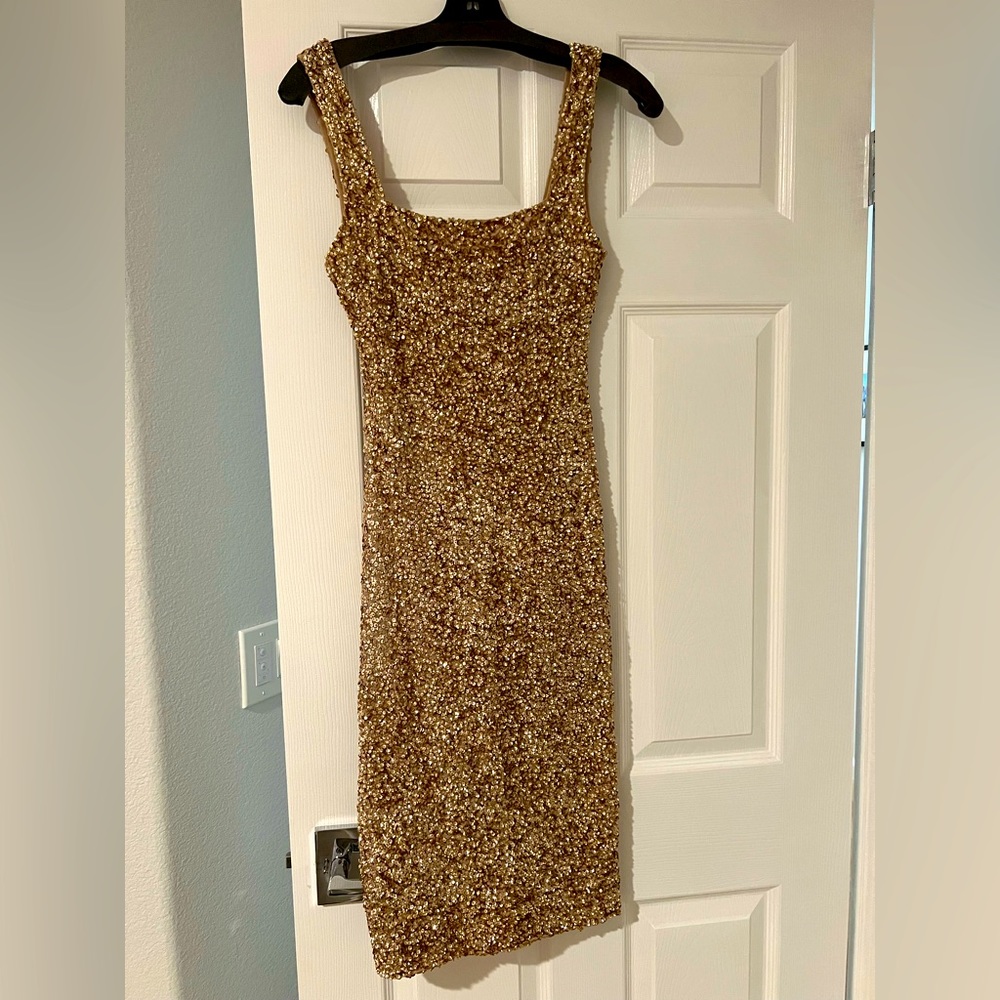 Alice and Olivia gold sequin knee length dress